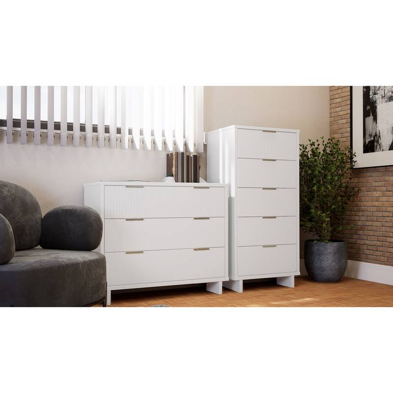 Manhattan Comfort 2-Piece Granville Modern Solid Wood Tall Narrow and Standard Dresser Set - White