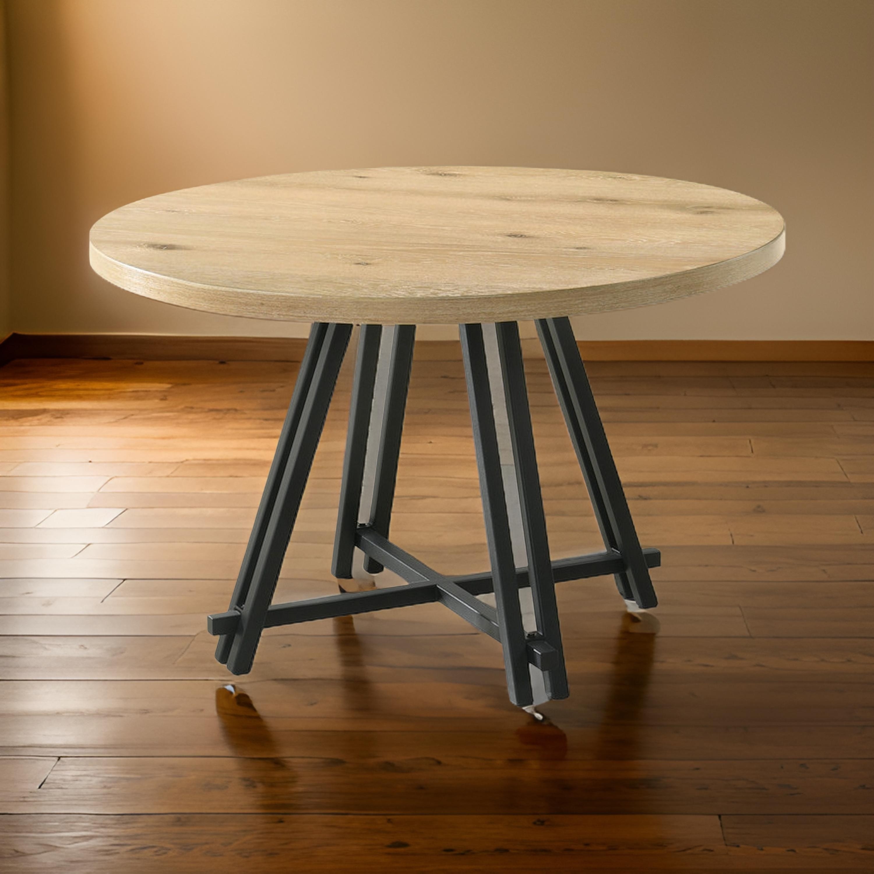 Tete 47 Inch Dining Table, Solid Brown Wood Round Top, Black Metal Base