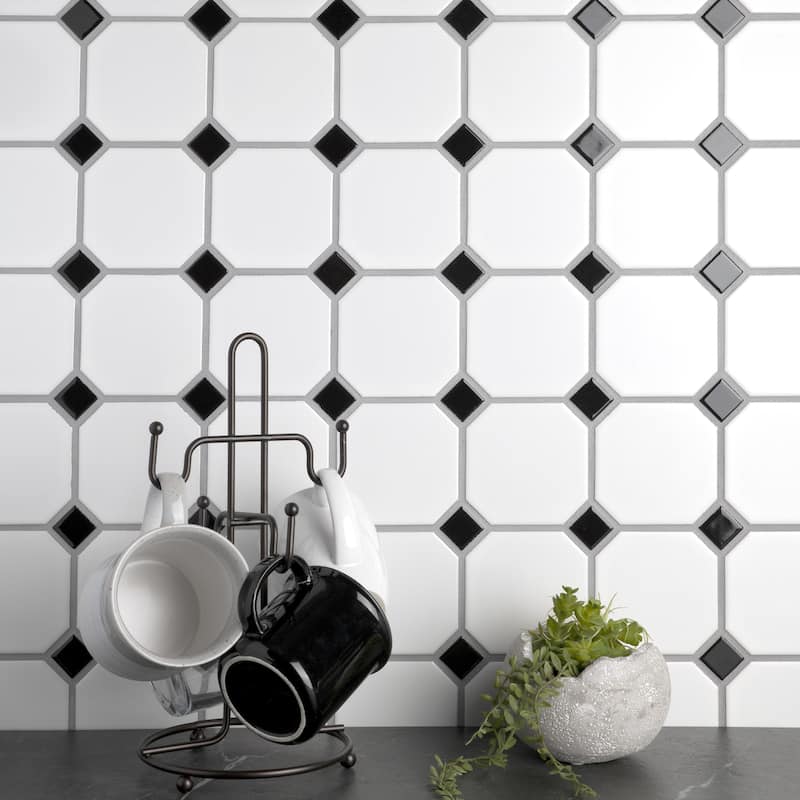 Merola Tile Metro Octagon Matte White w/Black Dot 11.5" x 11.5" Porcelain Mosaic - Case (10 Tiles)