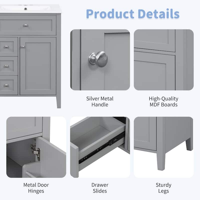 24" Bathroom Vanity with Sink, MDF & Rubberwood Construction, 3 Drawers & Cabinet with Adjustable Shelves