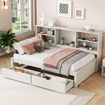 Bed Frame With Side Bookshelves, Two Drawers, And Built-in USB Port