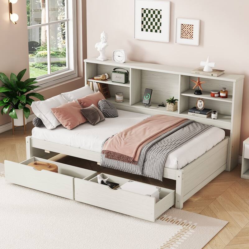 Twin Size Bed Frame with Side Bookshelves, Drawers, and USB Port in Creamy White - Creamy White