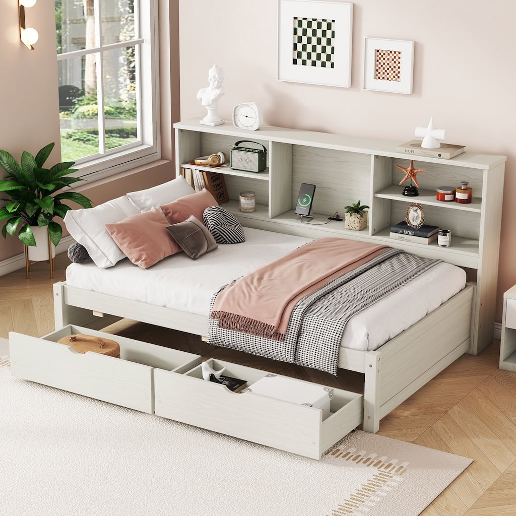 Twin Size Bed Frame with Side Bookshelves, Drawers, and USB Port in Creamy White