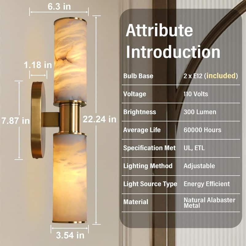 KAYLA Alabaster Wall Sconce 22", Modern Brass Wall Light, Spanish Natural Marble Indoor Sconces