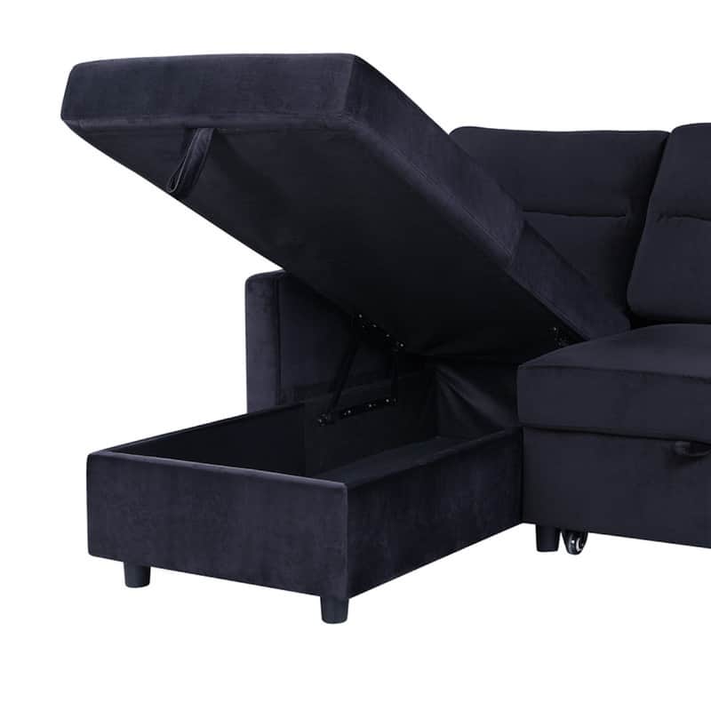 Ivy 81.5-inch Black Reversible Sleeper Sectional Sofa with Storage Chaise and Side Pocket - 81.5"W x 60"D x 33.5"H