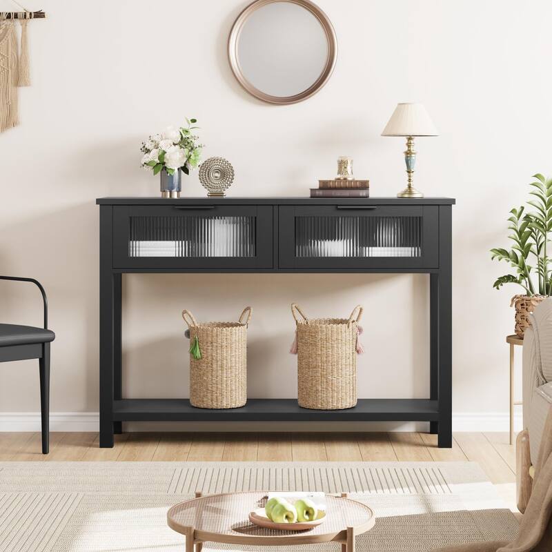 Farmhouse Console Table with 2 Glass Drawers & Shelf