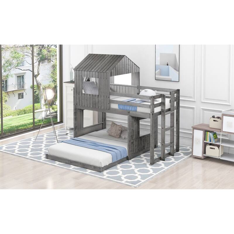 Twin Over Full Bunk Bed with Playhouse, Farmhouse Design, Ladder and Guardrails, Antique Gray