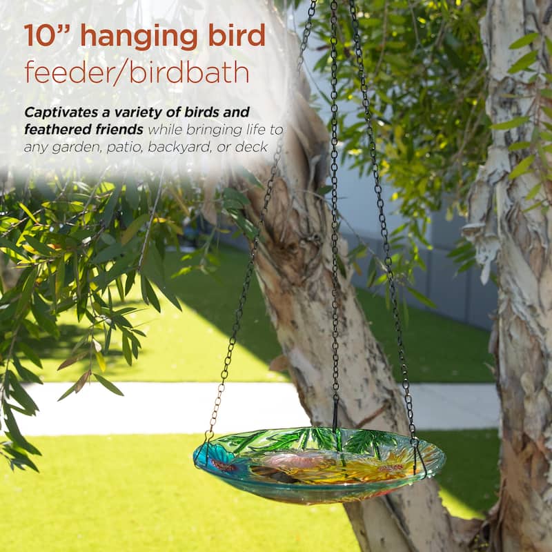 10" Glass Hanging Bird Feeder w/ Flowers and Bee