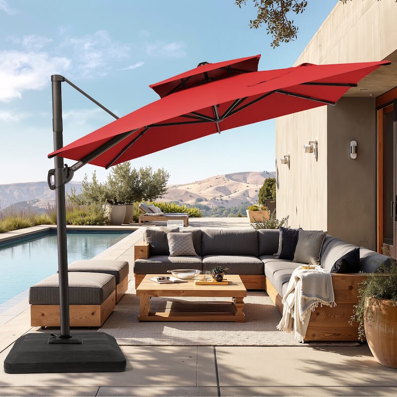 Pellebant 9X11FT Outdoor Dual Top Patio Umbrella Cantilever Offset with Base