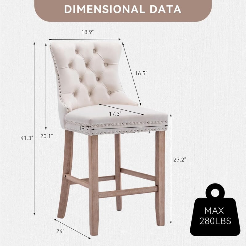 Wing Back Velvet Tufted Nailhead Barstools(Set of 2)