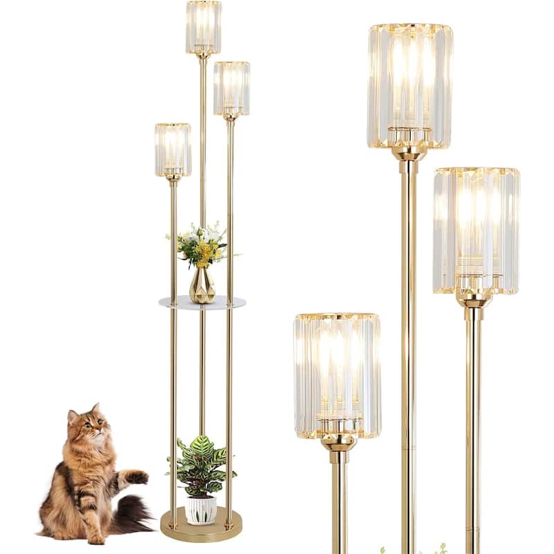 Modern Mid-Century Floor Lamp with Crystal Shade & Shelves