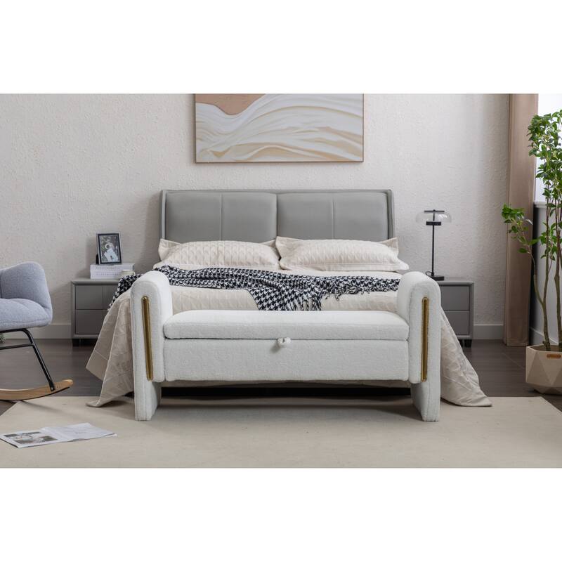 53" Storage Bench, Teddy Fabric Entryway Bench Upholstered Ottoman Bench with Gold Metal Trim Strip for Bedroom