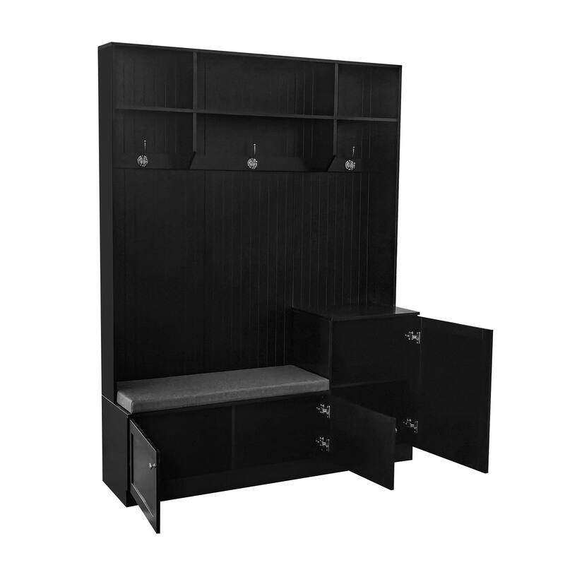 Upholstered Bench Shoe Bench with Storage Cabinets and Hooks, Coat Rack Entryway Bench with Storage Compartments
