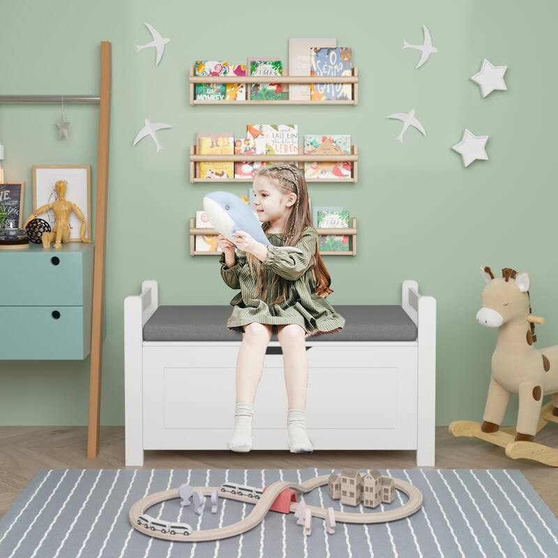 White Toy Box with Cushion Seat, Large Storage Chest for Kids Nursery Playroom, Books and Toys - 35'' W x 15'' D x 19.3'' H