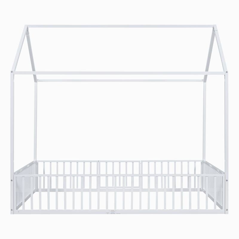 Full Size White Metal House Bed with Fence and Door, Distressed Washed Design