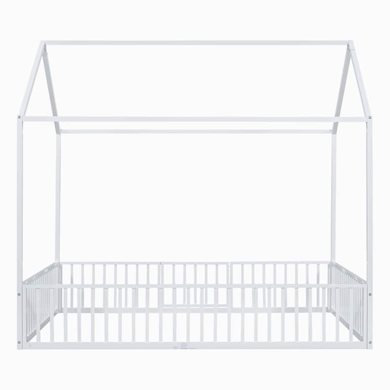 White Full Size Metal House Bed with Fence, Roof and Door for Kids, Boys and Girls, Bedroom