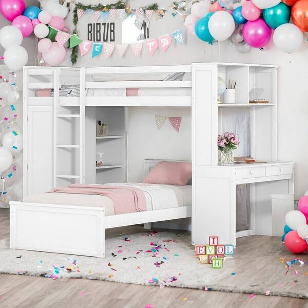 slide 2 of 59, Twin Loft Bed with a Stand-alone bed, Shelves, Desk and Wardrobe, White White