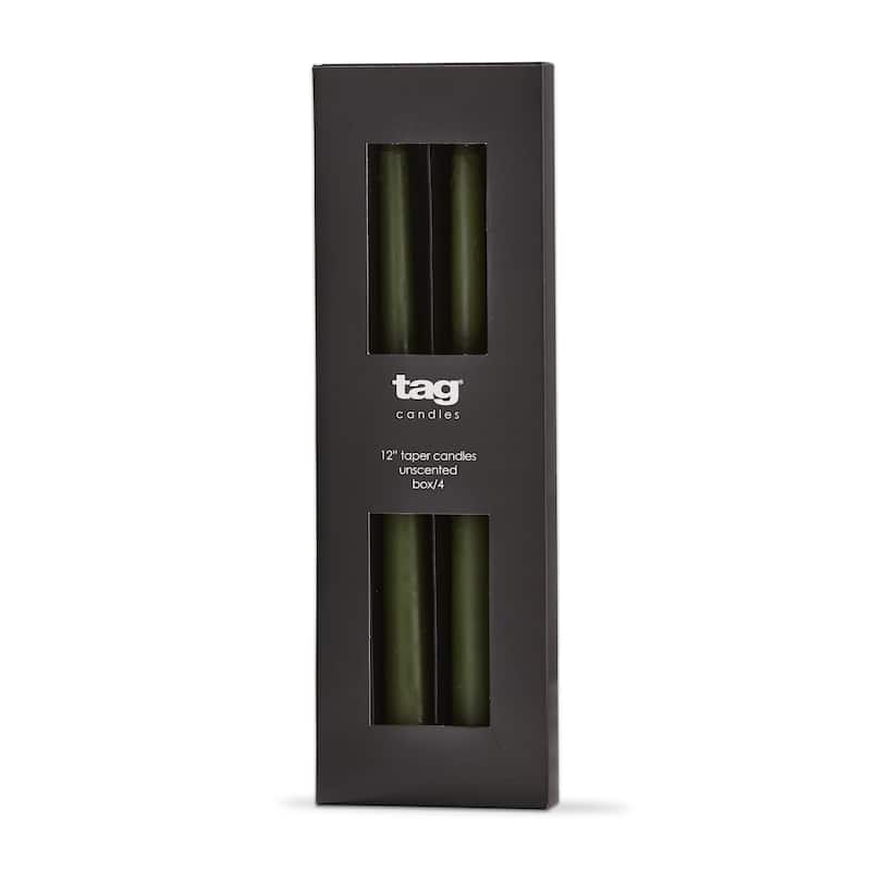 Color Studio 12" Traditional Taper Unscented Smokeless Paraffin Wax Candle Olive Green, Set of 4, Burn Time 8 hrs.