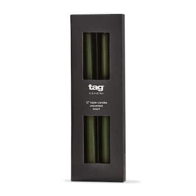 Color Studio 12" Traditional Taper Unscented Smokeless Paraffin Wax Candle Olive Green, Set of 4, Burn Time 8 hrs.
