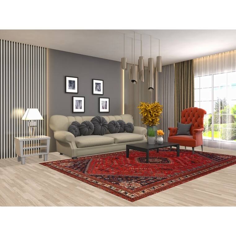 Hand Knotted Oriental 100% Wool Carpet Traditional Tribal Red Shiraz Area Rug - 9' 8'' X 6' 7''