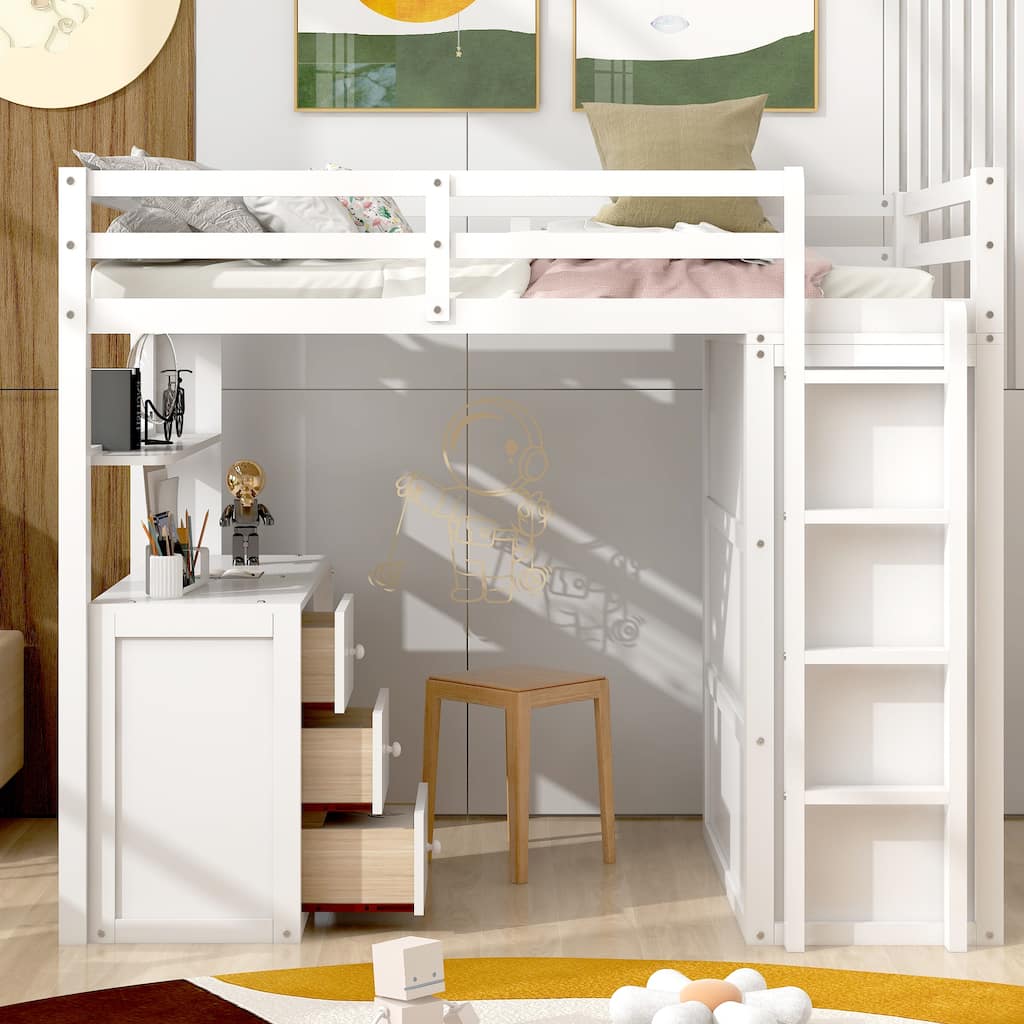 Loft Bed with Desk, 3 Drawers, Wardrobe, Full-length Guardrail