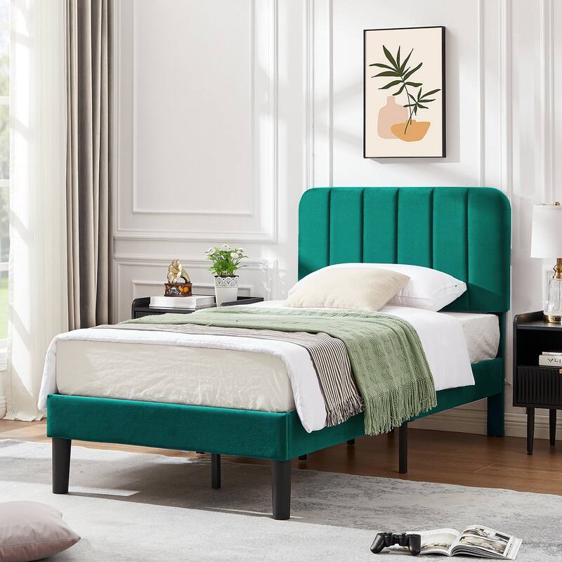 Kids Bed Frame, Height Adjustable Upholstered Bed, Twin Size Bed Set of 2