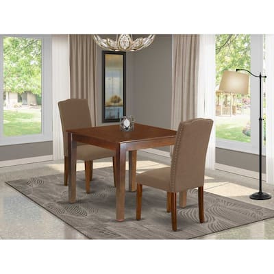 Coastal Dining Set 3Pc Square Table & 2 Parson Chairs - Linen Fabric, Dark Coffee Finish
