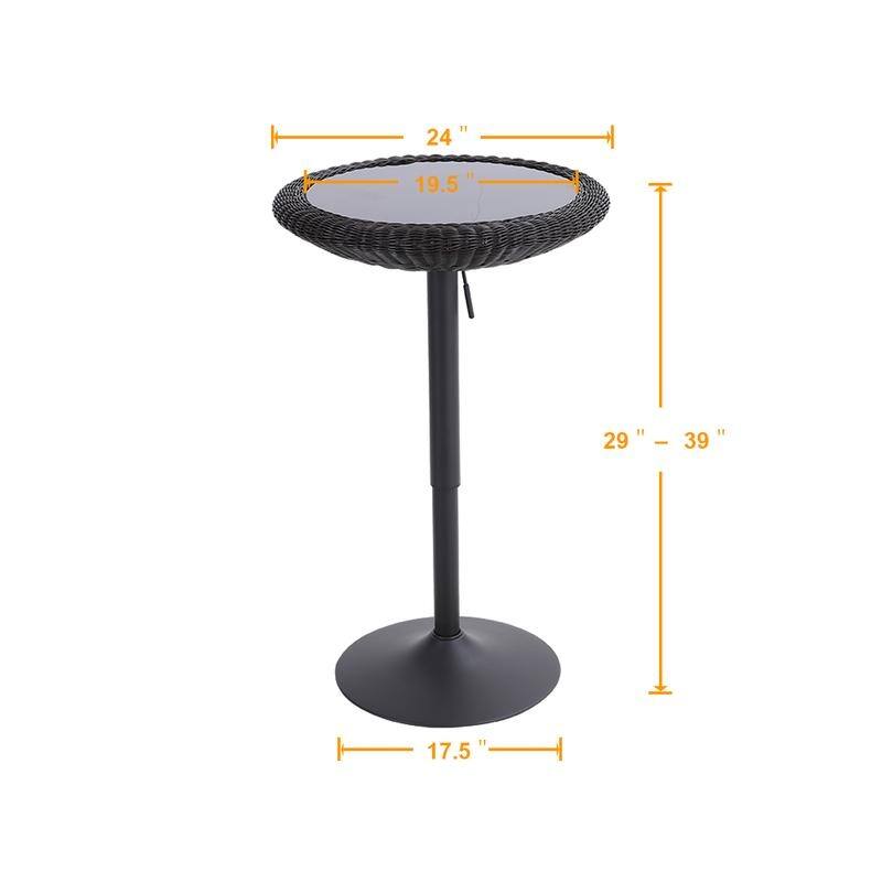 PHI VILLA Adjustable Rattan Pub Bar Table, Round Glass Table Top 29"-39"