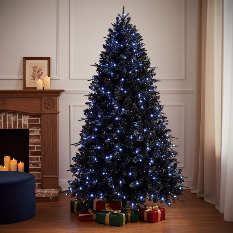 HomeRoots 8' Black Pre Lit Full Fir Christmas Tree - 60.00 in. x 96.00 in. x 60.00 in. - Black - 8 Foot