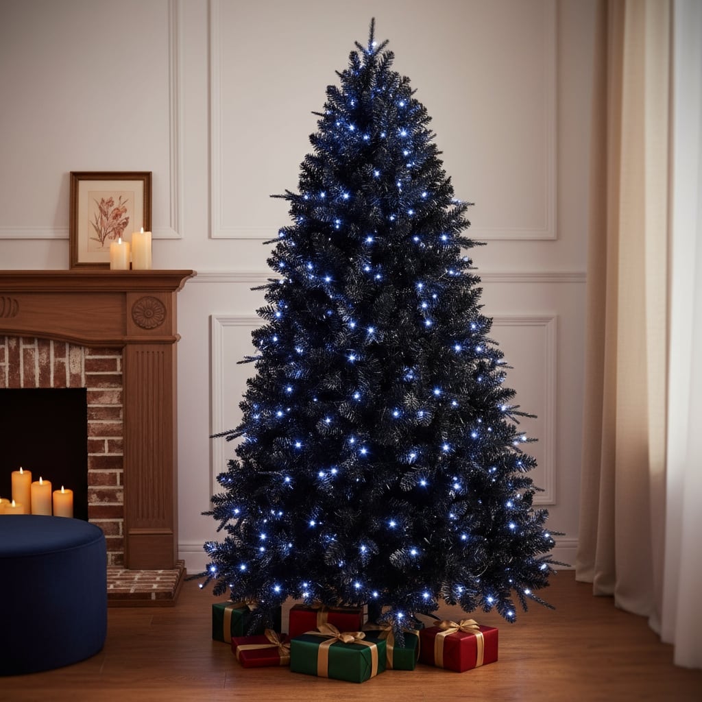 HomeRoots 8' Black Pre Lit Full Fir Christmas Tree - 60.00 in. x 96.00 in. x 60.00 in.