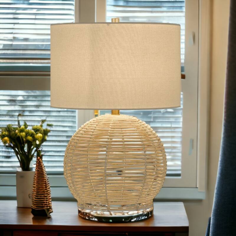21" Natural Rattan Table Lamp With White Drum Shade - 15" x 15" x 21"