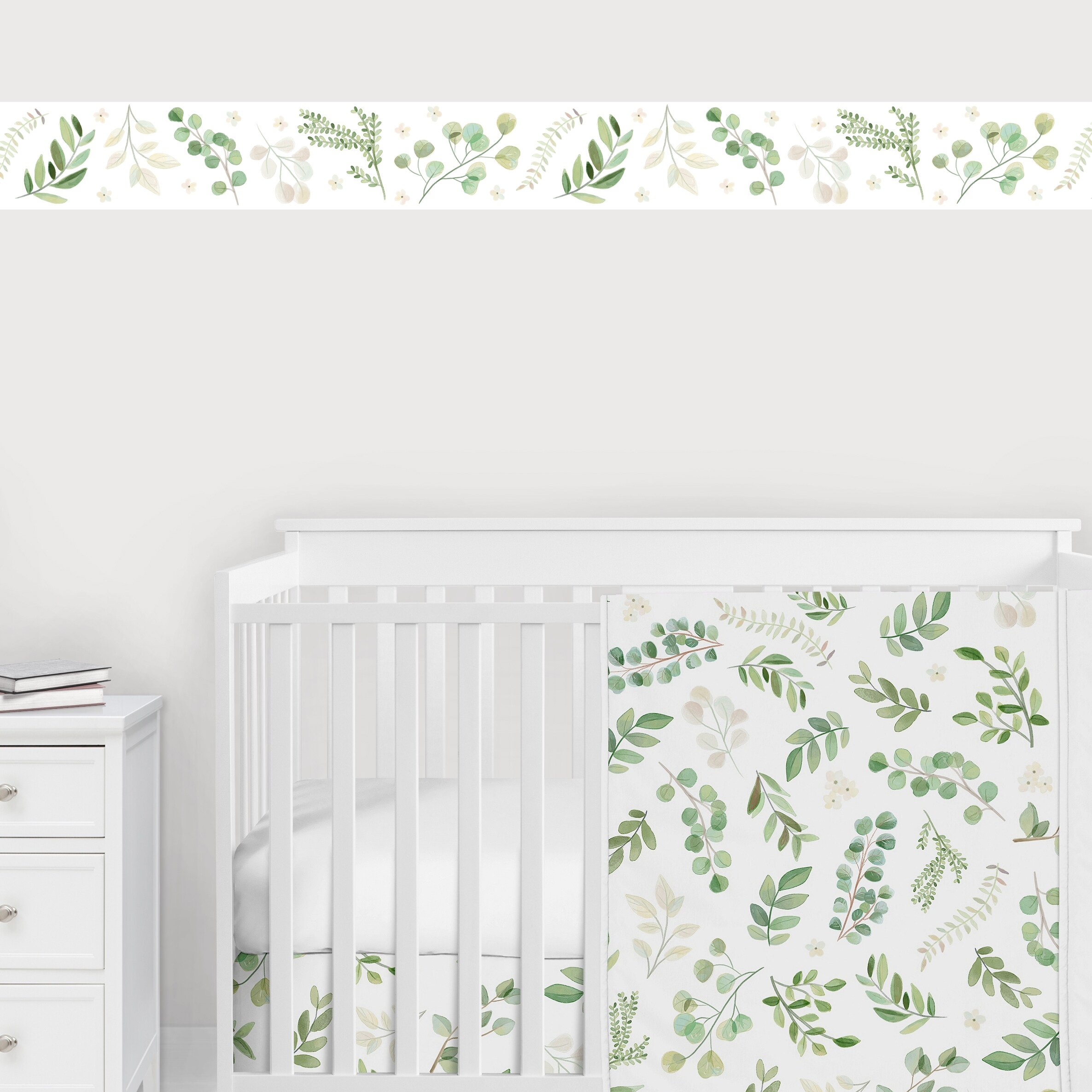 floral leaf collection wallpaper wall border green and white boho watercolor botanical woodland tropical garden leaves