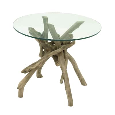 Wood Handmade Tree Branch Side End Accent Table with Clear Glass Top - Brown - Roche River Decor