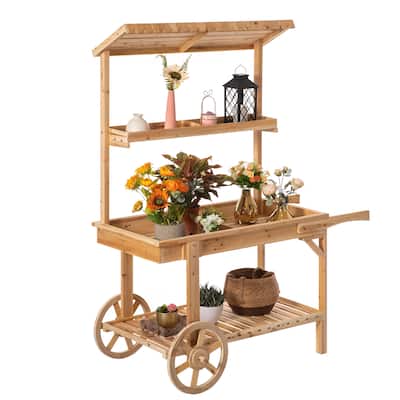 2 Wheeled Wood Wagon with Shelves for Plants and More