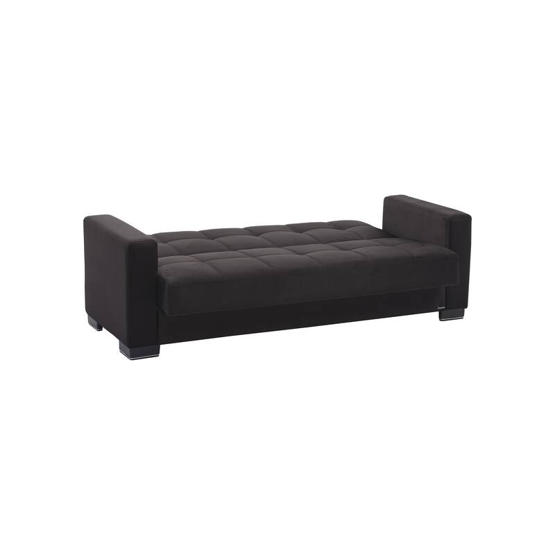 HomeRoots 87" Black Microfiber Convertible Futon Sleeper Sofa And Toss Pillows With Storage