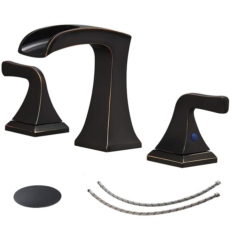 Waterfall Widespread Bathroom Faucet Wtih Drain Assemble 2 Handle Bathroom Sink Faucets 3 Holes Modern Lavatory Vanity Basin Tap - Oil Rubbed Bronze