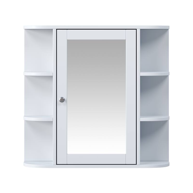 Bathroom Wall Storage Cabinet with Mirror, with Adjustable Wood Shelf & Doors, Mounted Storage Cabinets with 6 Open Shelves