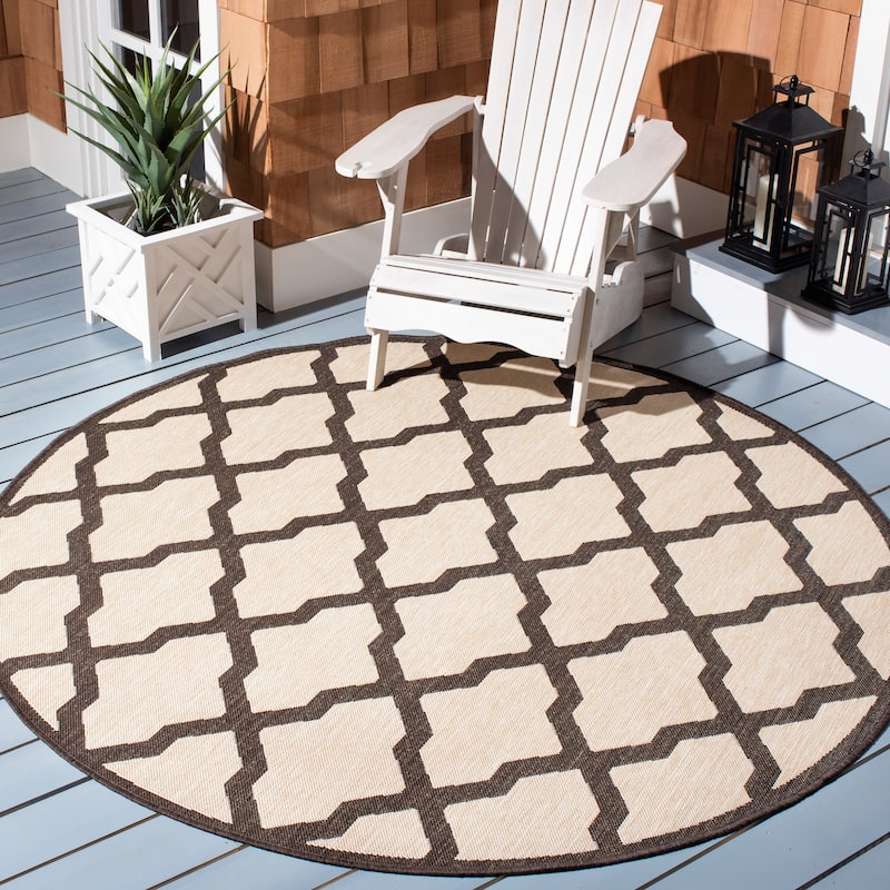 SAFAVIEH Beach House Petrona Indoor/ Outdoor Waterproof Patio Backyard Rug - 6'7" Round - Creme/Brown
