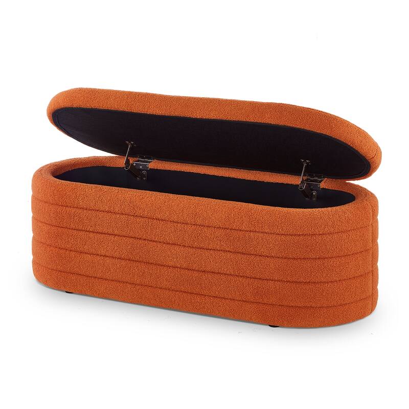 Modern Oval Storage Ottoman Bench,Boucle Teddy Fabric End of Bed Bench with Storage,End of Bed Stool with Safety Hinge