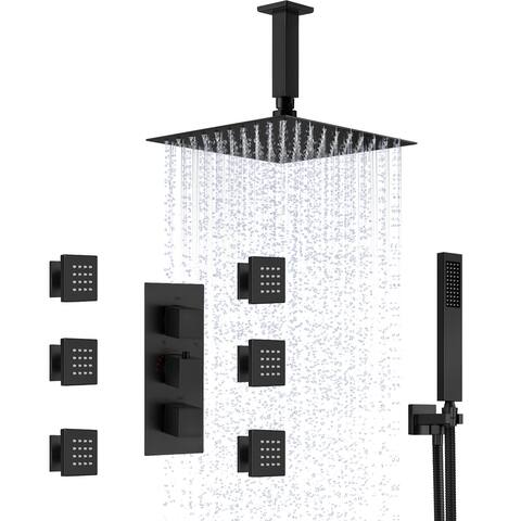 12" Ceiling Mount Rainfall 3 Way Thermostatic Shower Faucets Sets Shower Head System with 6 Body Jets