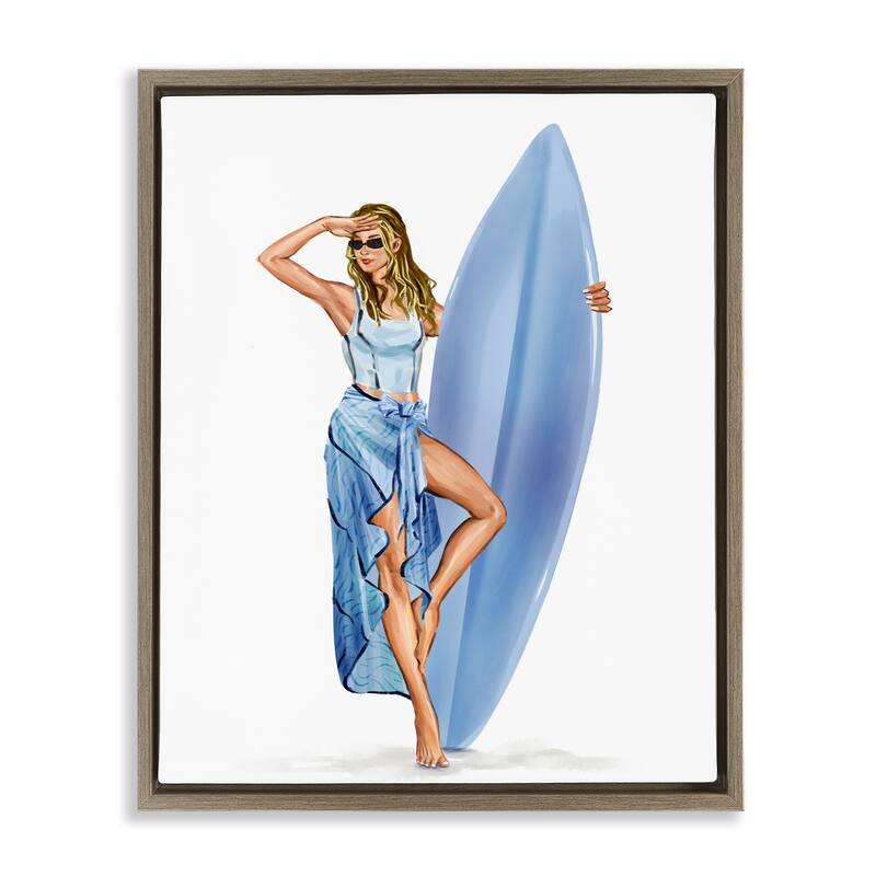 Stupell Trendy Surfer Girl in Blue Framed Floater Canvas Wall Art Design By Ziwei Li - 25 x 31 - Brown