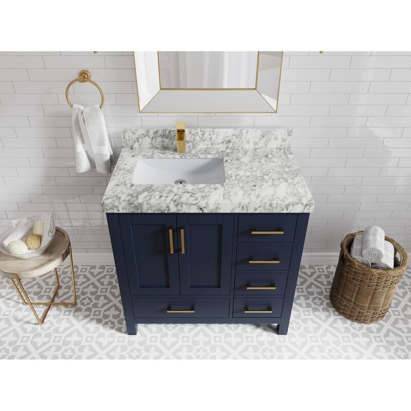 Willow Collections 36 in. W x 22 in. D Malibu Left Offset Sink Bathroom Vanity with Countertop - 2" Carrara Marble - Navy Blue