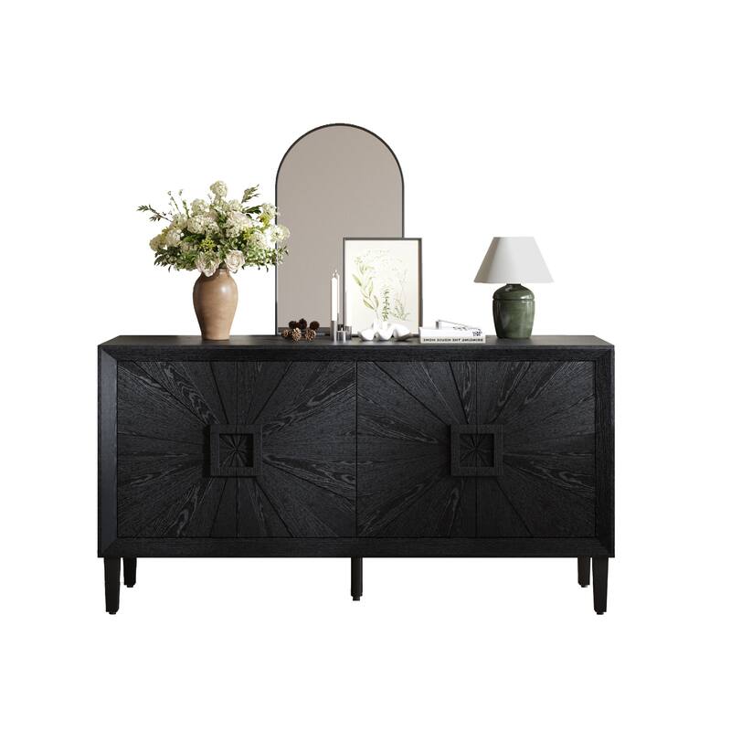 60" Premium Rustic American Farmhouse Credenza in Elegant Black - Symmetrical Sunburst Door Design, Heavy-Duty TV Stand