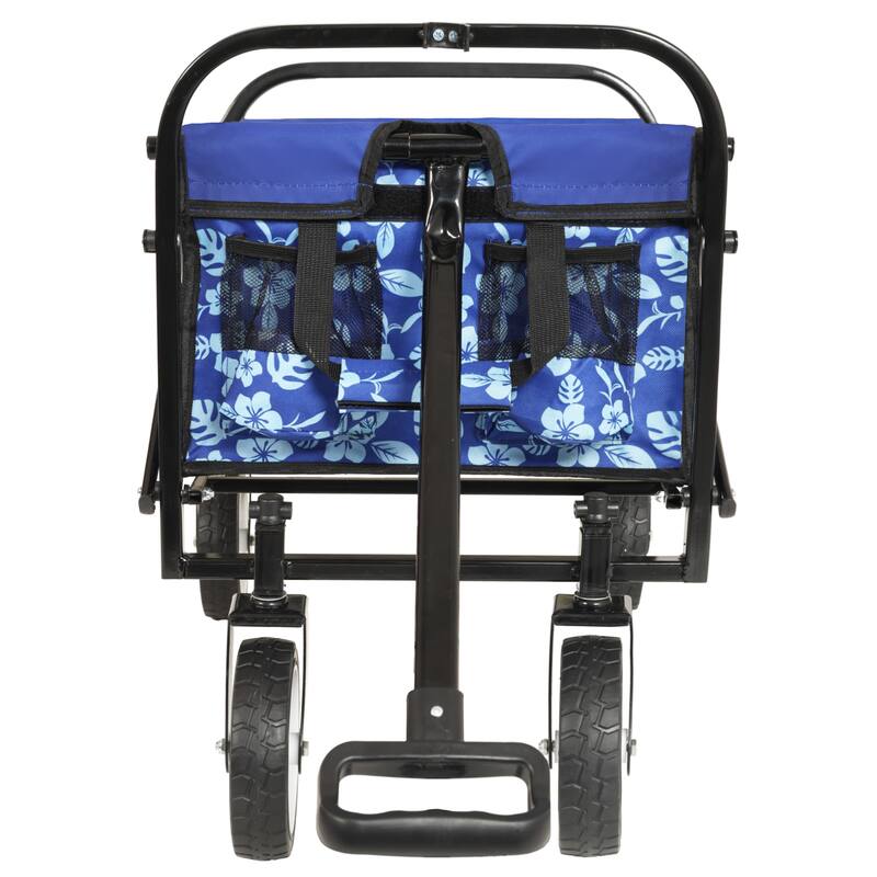 Patterned Collapsible Utility Wagon - Blue Flower Design with Storage Straps, 225lb Capacity