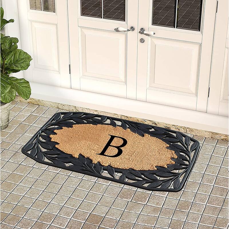 A1HC Rubber and Coir Stylish Leaf Border Large Outdoor Durable Monogrammed Doormat, Black - 23" X 38"