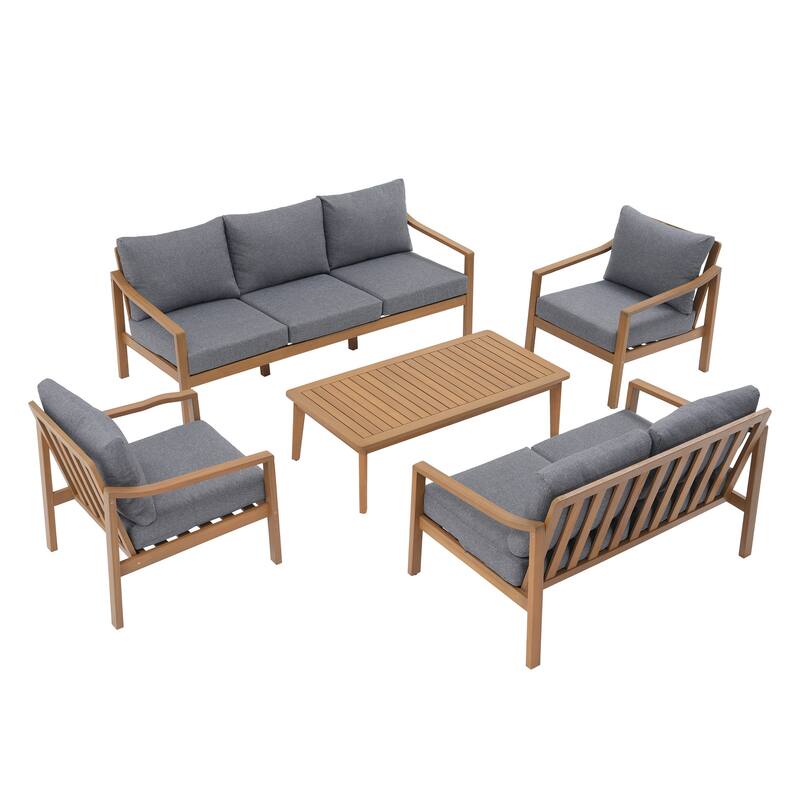 Outdoor 5 Piece Wooden Chair Set With Table And Cushion