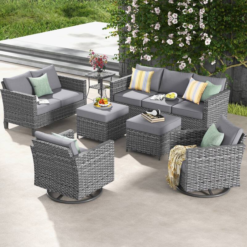 OVIOS 7-piece Wicker Sectional Sofa Swivel Rocking Chair Set - Deep Gray