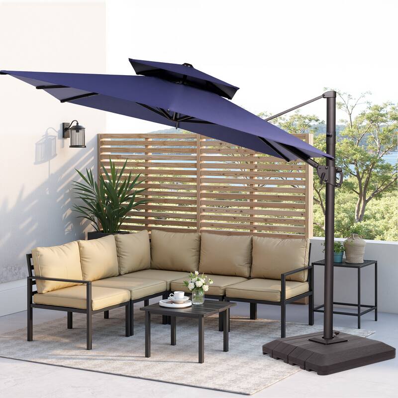 Pellebant 9 x 11 ft Outdoor Patio Cantilever-Offset Umbrella with Weight Base Double Top