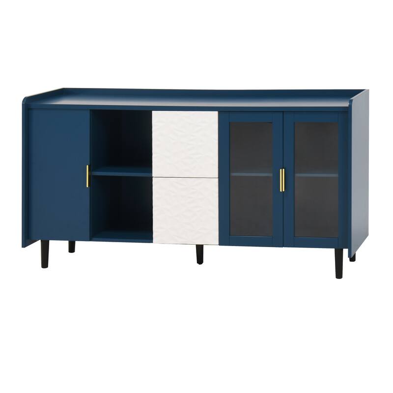 Kitchen Pantry Storage Cabinet, 55" Coffee Bar with 2 Drawers, 2 Open Storage Compartment & 2 Glass Doors, Wood Buffet Table