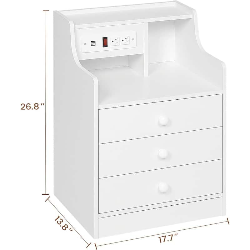 Small Nightstand 3 Drawers Charging Station End Side Table